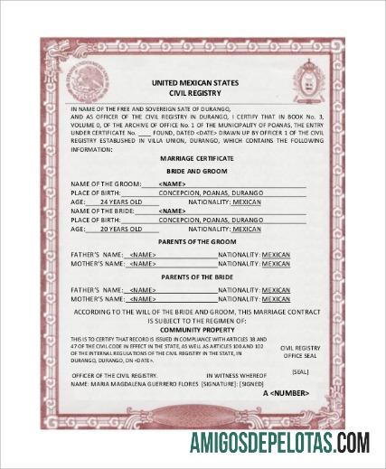 Certidão de Casamento do Registro Civil dos Estados Unidos Mexicanos amostra